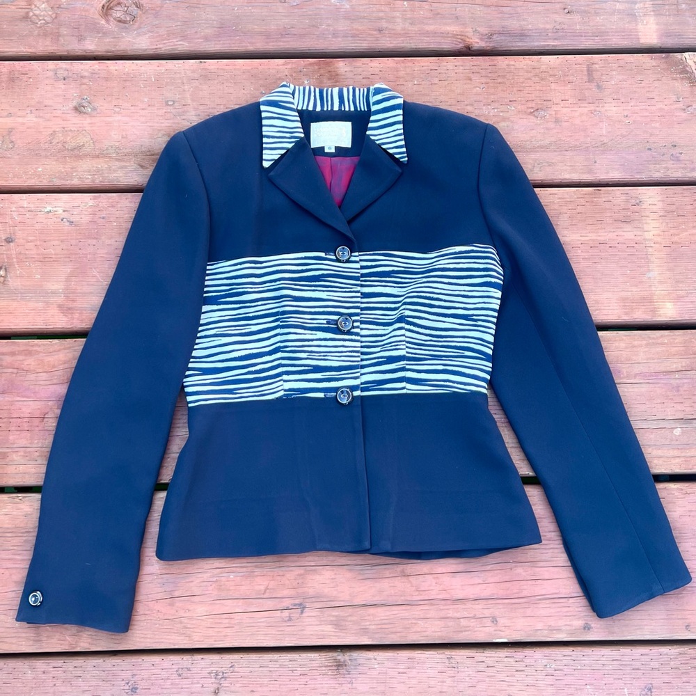 Vintage Y2K Alberto Makali Sz 6 S M Button Front Navy Blazer Zebra Print Block